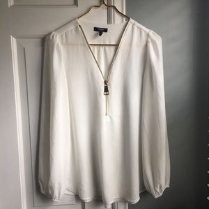 White sheer blouse with zipper front